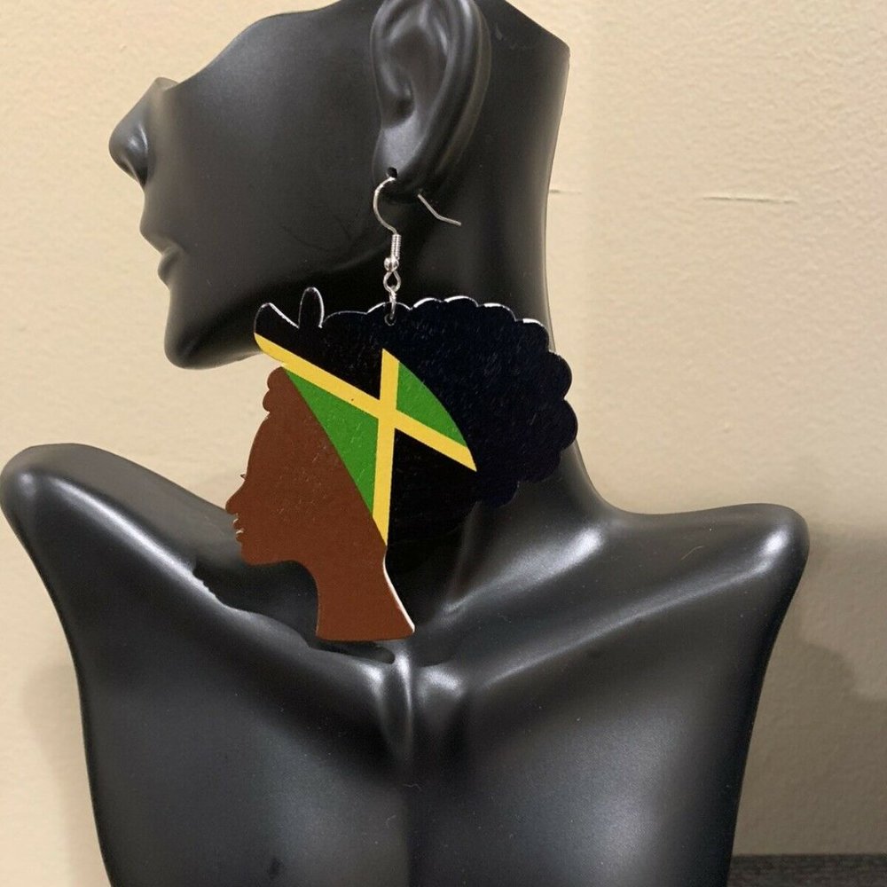 Jamaican Girl Flag Love Wooden Earrings